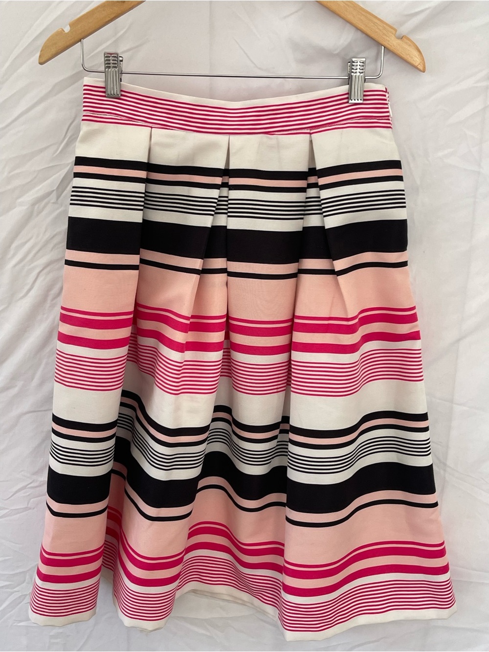 New York & Company Pink, Black & Cream Striped A-Line Midi Skirt